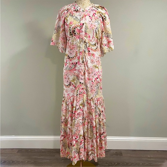 MISA Malena Los Angeles Floral Eyelet Embrodered Flutter Sleeve Midi Dress Sz S - Picture 2 of 12